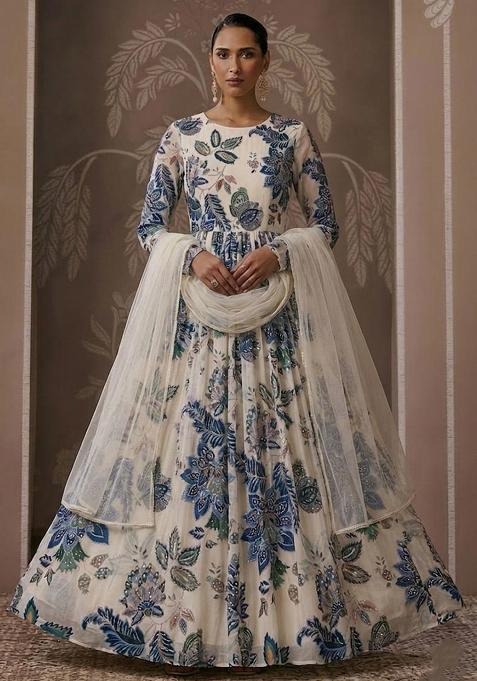 Off White Printed Organza Anarkali