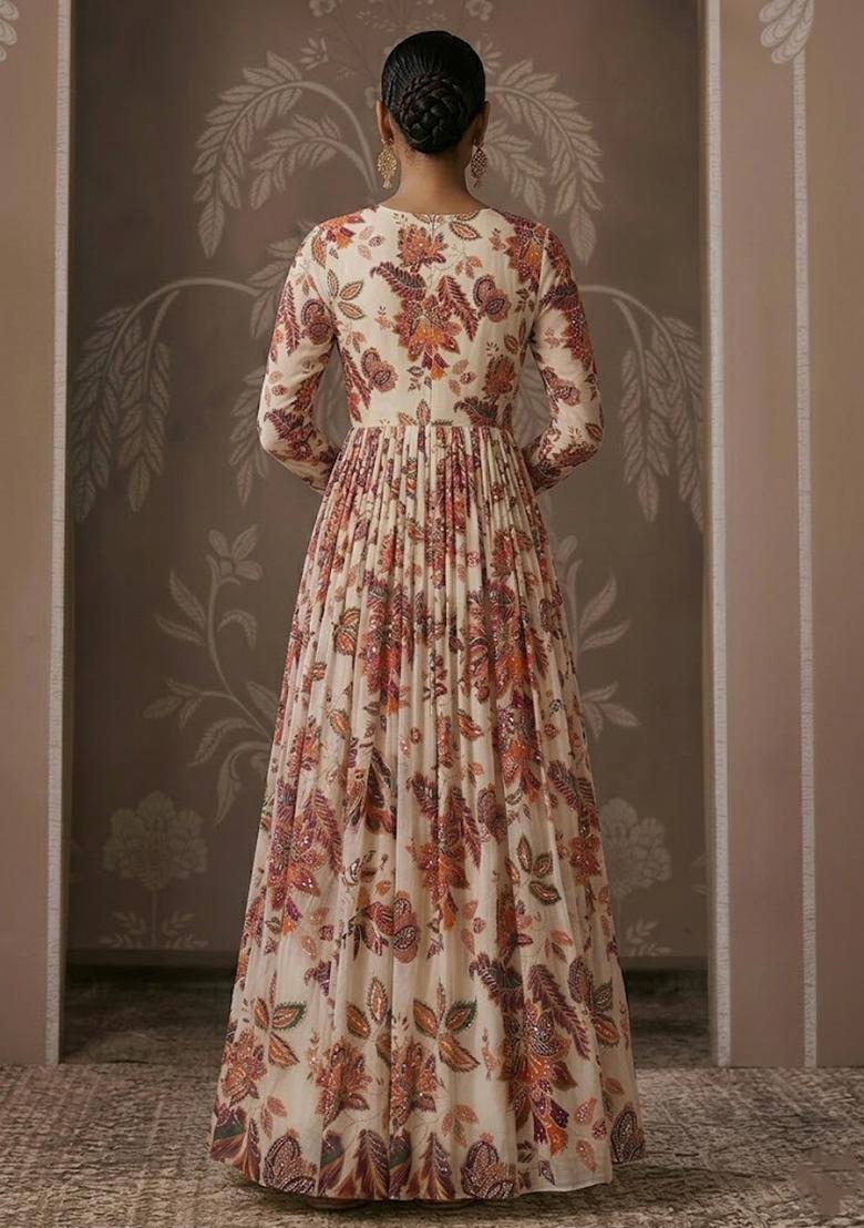 Cream White Printed Organza Anarkali - Indya