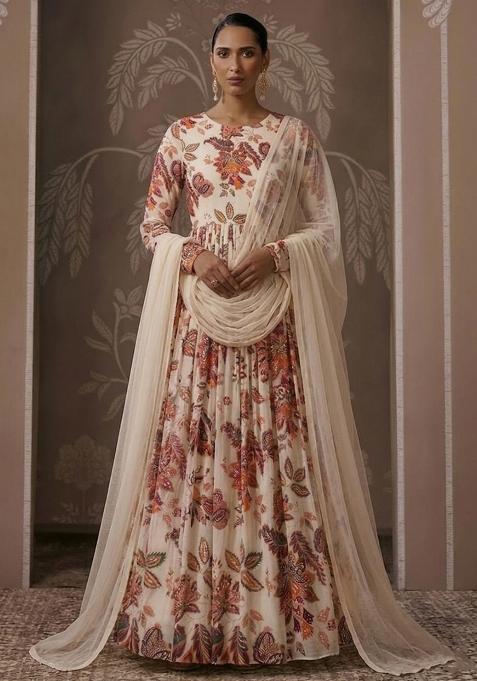 Cream White Printed Organza Anarkali