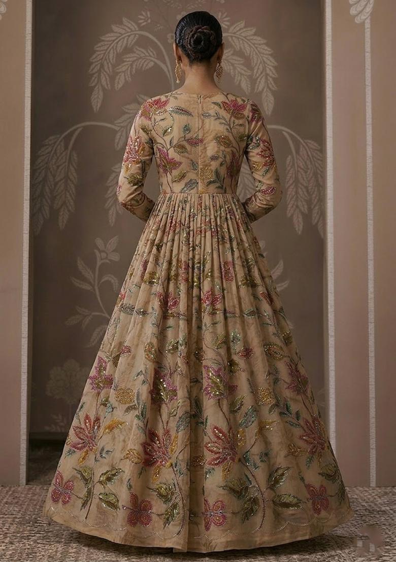 Golden Beige Embroidered Organza Anarkali - Indya
