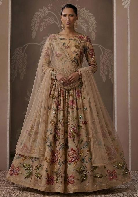 Golden Beige Embroidered Organza Anarkali