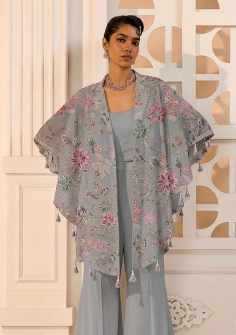 Powder Grey Sequin Crepe Fusion Set - Indya