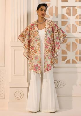 Off White Printed Organza Fusion Set