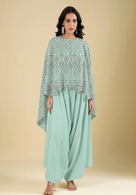 Mint Blue Embroidered Viscose Fusion Set