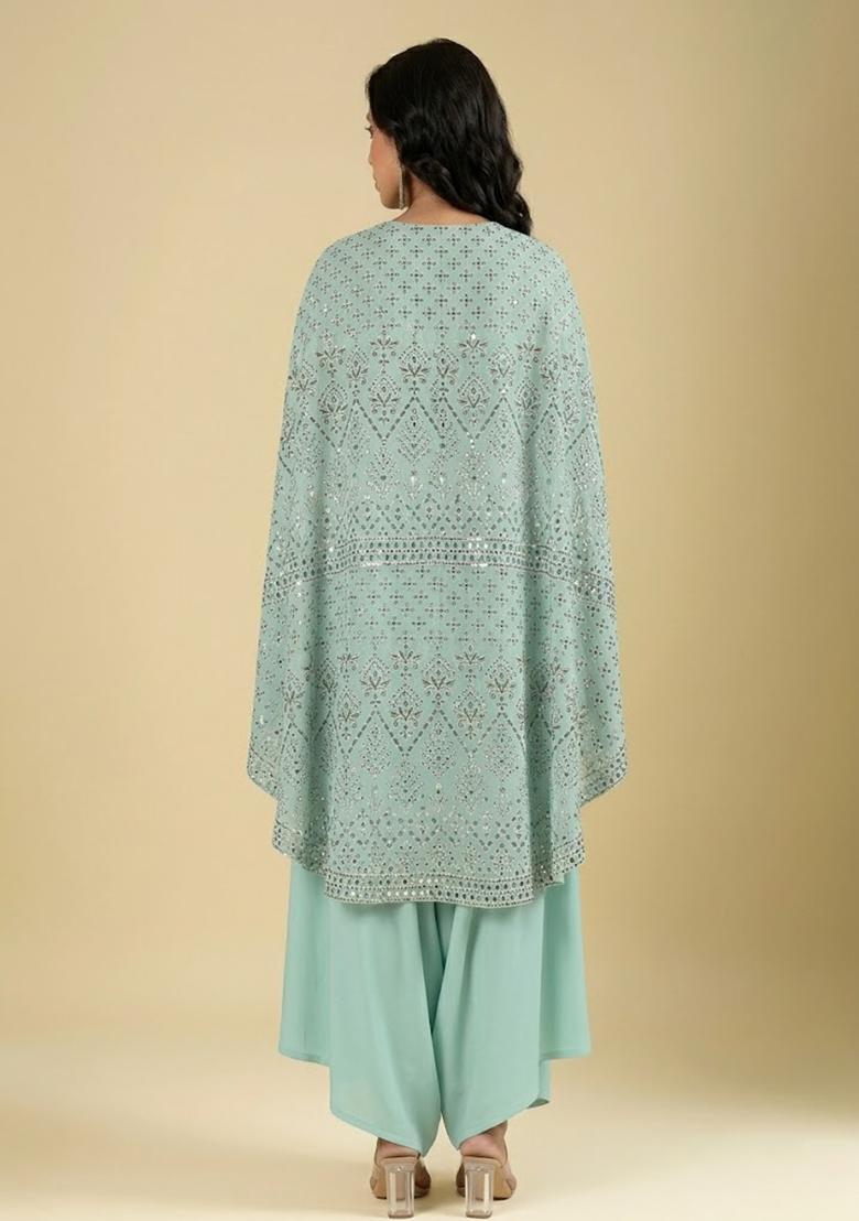 Mint Blue Embroidered Viscose Fusion Set - Indya