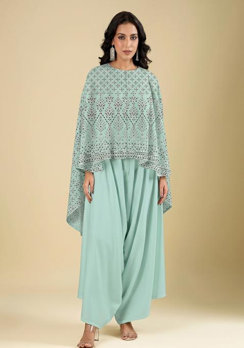 Mint Blue Embroidered Viscose Fusion Set