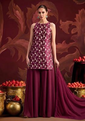 Wine Pink Brocade Sharara Set