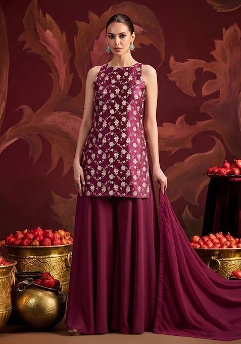 Wine Pink Brocade Sharara Set