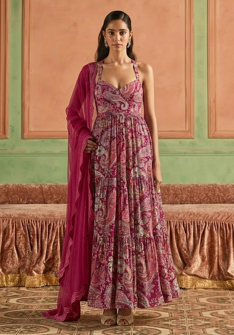 Rani Pink Printed Crepe Anarkali with Dupatta