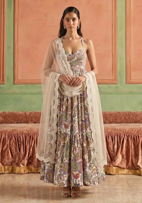 Off White Printed Crepe Anarkali with Dupatta