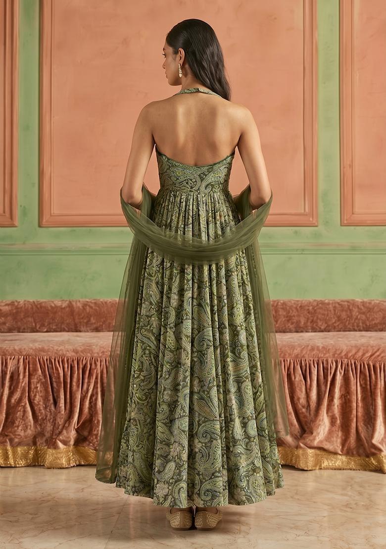 Olive Green Printed Crepe Anarkali with Dupatta - Indya