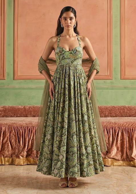 Olive Green Printed Crepe Anarkali with Dupatta