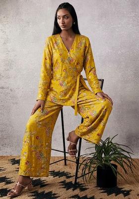 Mustard Yellow Embroidered Crepe Fusion Set