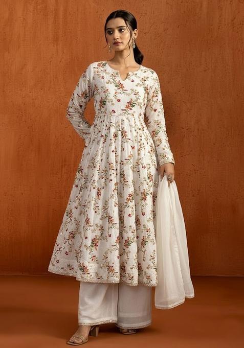 Off White Embroidered Crepe Anarkali Set