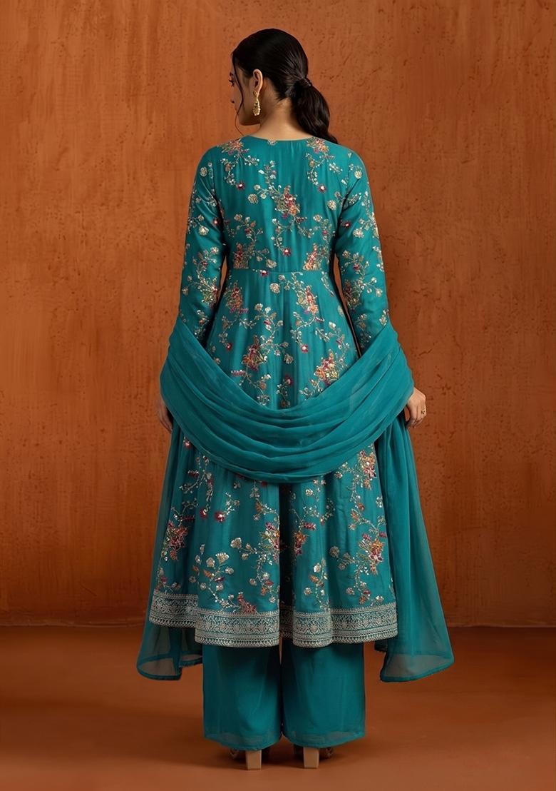 Teal Blue Embroidered Crepe Anarkali Set - Indya