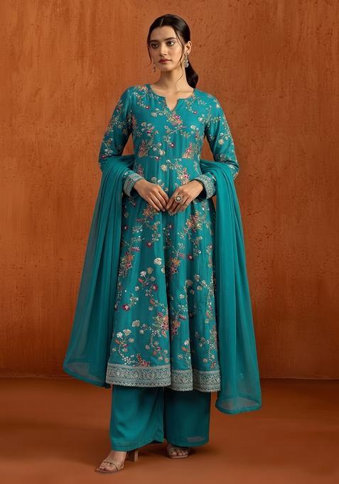 Teal Blue Embroidered Crepe Anarkali Set