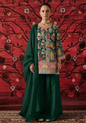 Bottle Green Printed Crepe Sharara Set