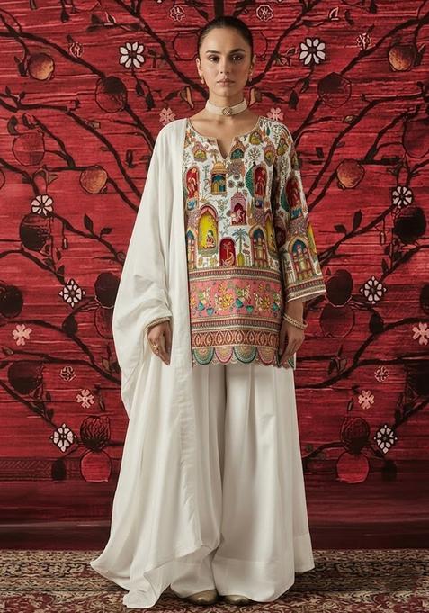 Off White Printed Crepe Sharara Set