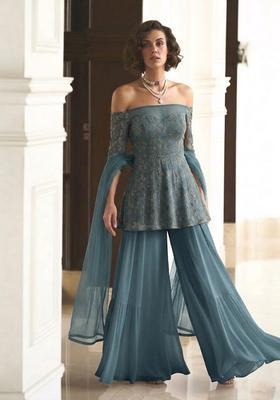 Dusty Teal Embroidered Net Sharara Set