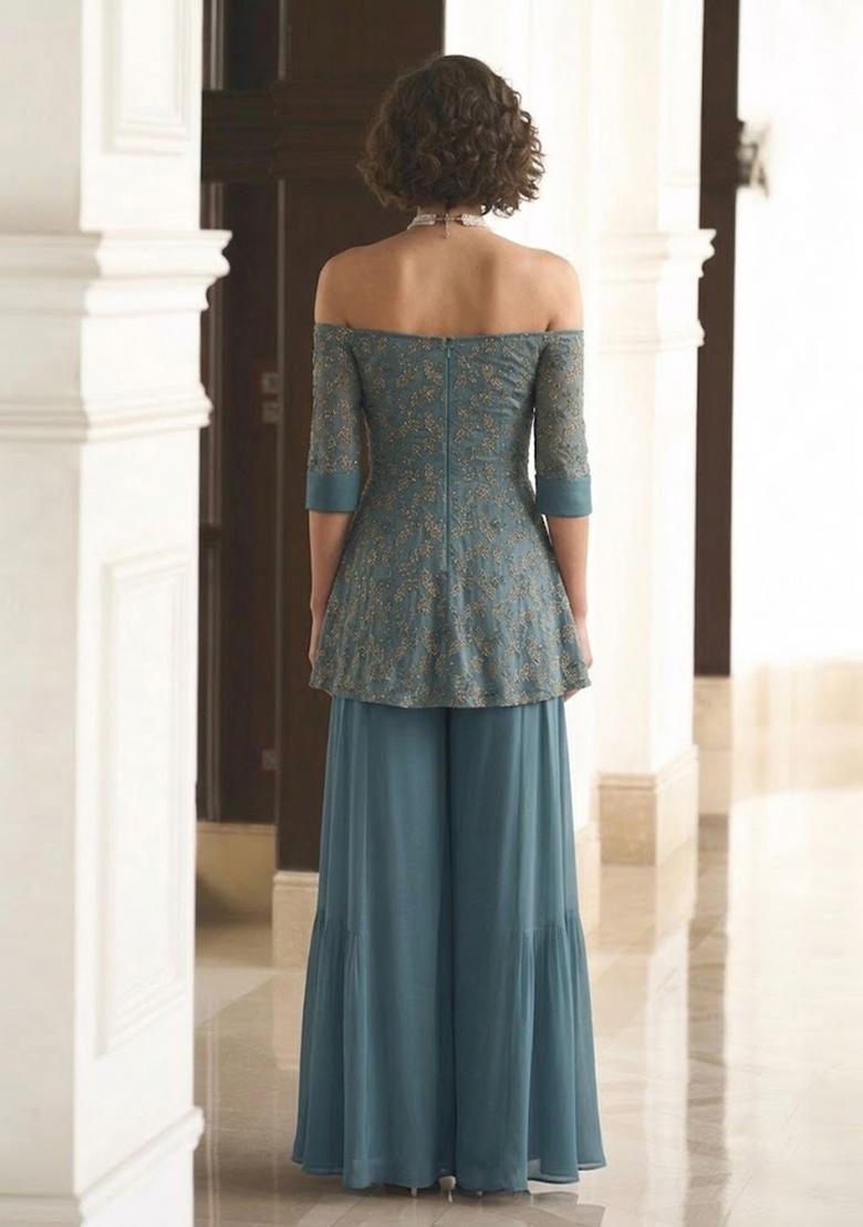 Dusty Teal Embroidered Net Sharara Set - Indya