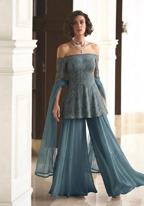 Dusty Teal Embroidered Net Sharara Set