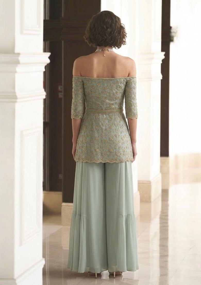 Sage Green Embroidered Net Sharara Set - Indya