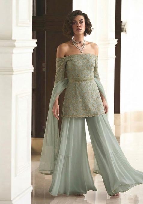 Sage Green Embroidered Net Sharara Set