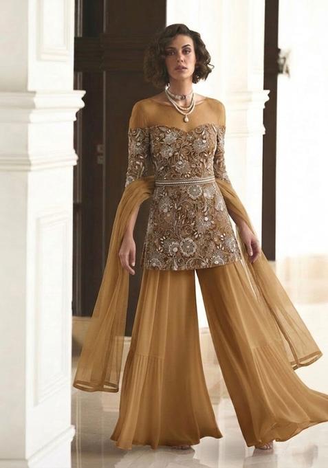 Olive Green Embroidered Net Sharara Set