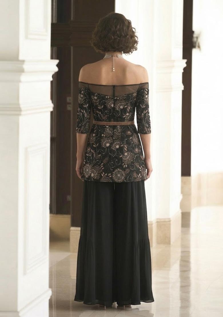 Black Embroidered Net Sharara Set - Indya