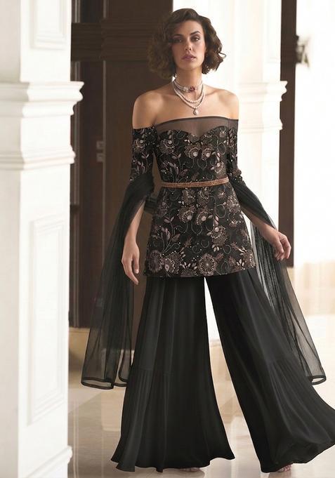 Black Embroidered Net Sharara Set