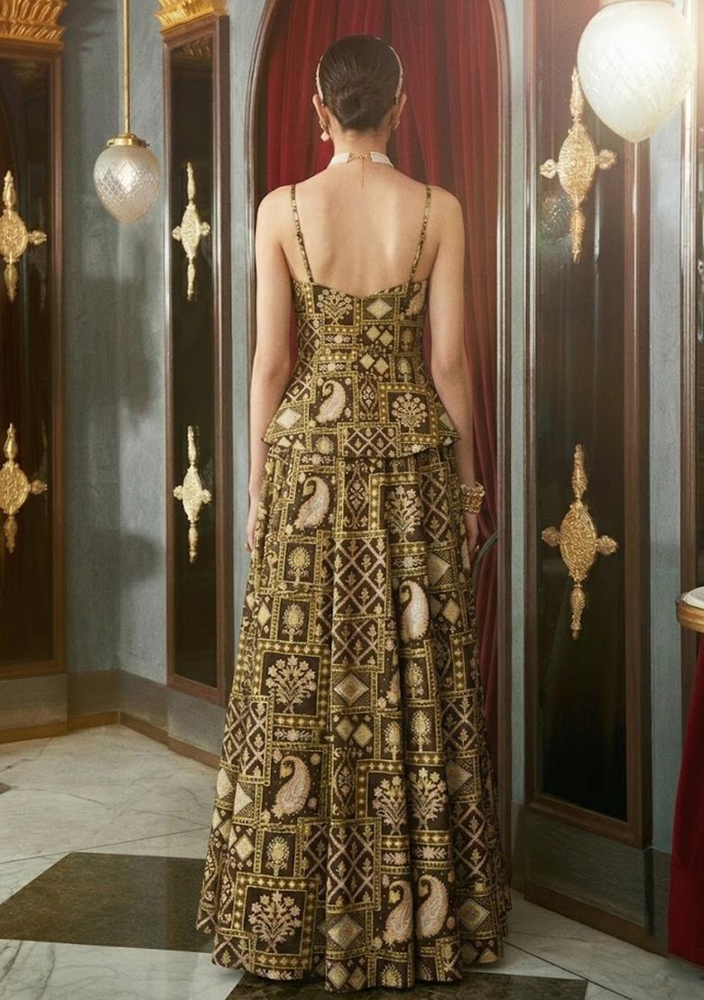 Brown Printed Lehenga Set - Indya