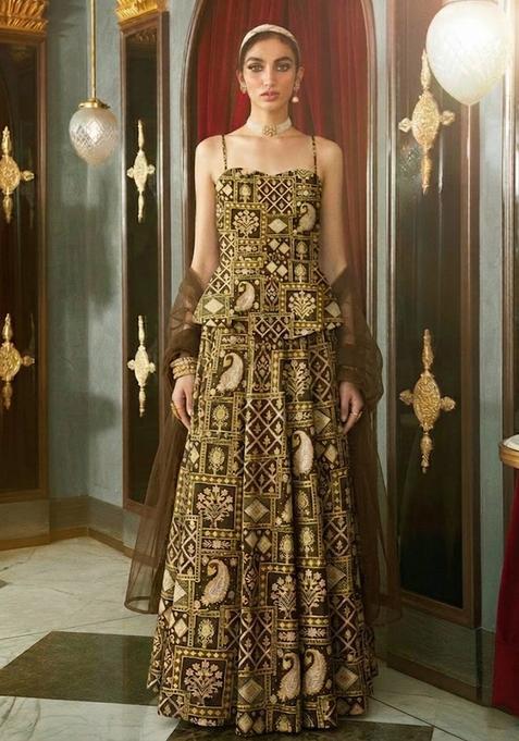 Brown Printed Lehenga Set