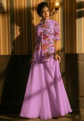 Lilac Embroidered Organza Sharara Set