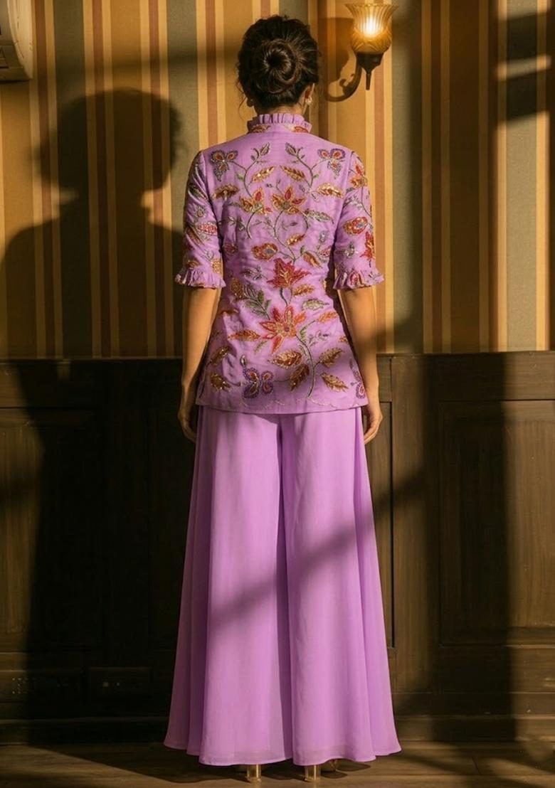 Lilac Embroidered Organza Sharara Set - Indya