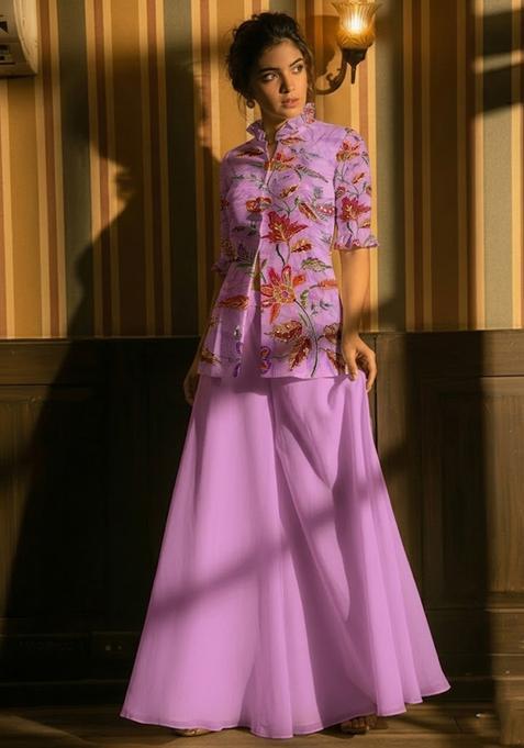 Lilac Embroidered Organza Sharara Set