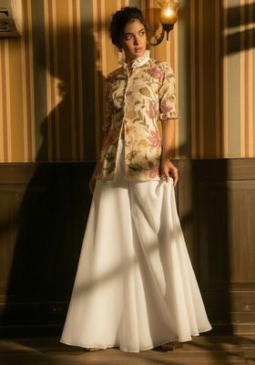 Beige Embroidered Organza Sharara Set