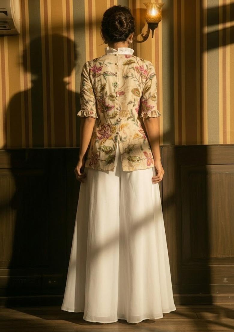 Beige Embroidered Organza Sharara Set - Indya