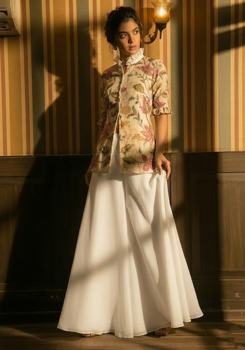 Beige Embroidered Organza Sharara Set