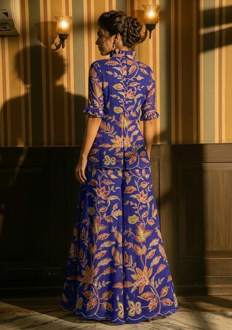 Navy Blue Embroidered Organza Sharara Set - Indya