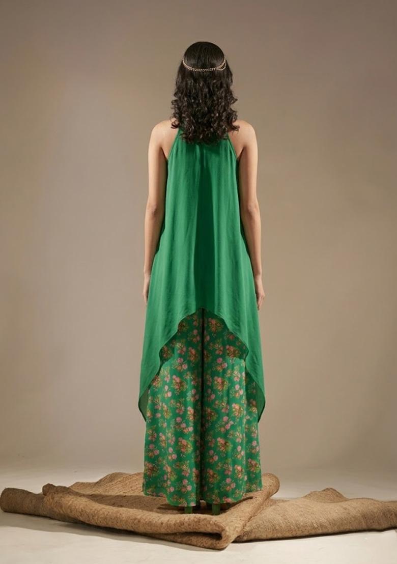 Emerald Green Printed Chinon Fusion Set - Indya