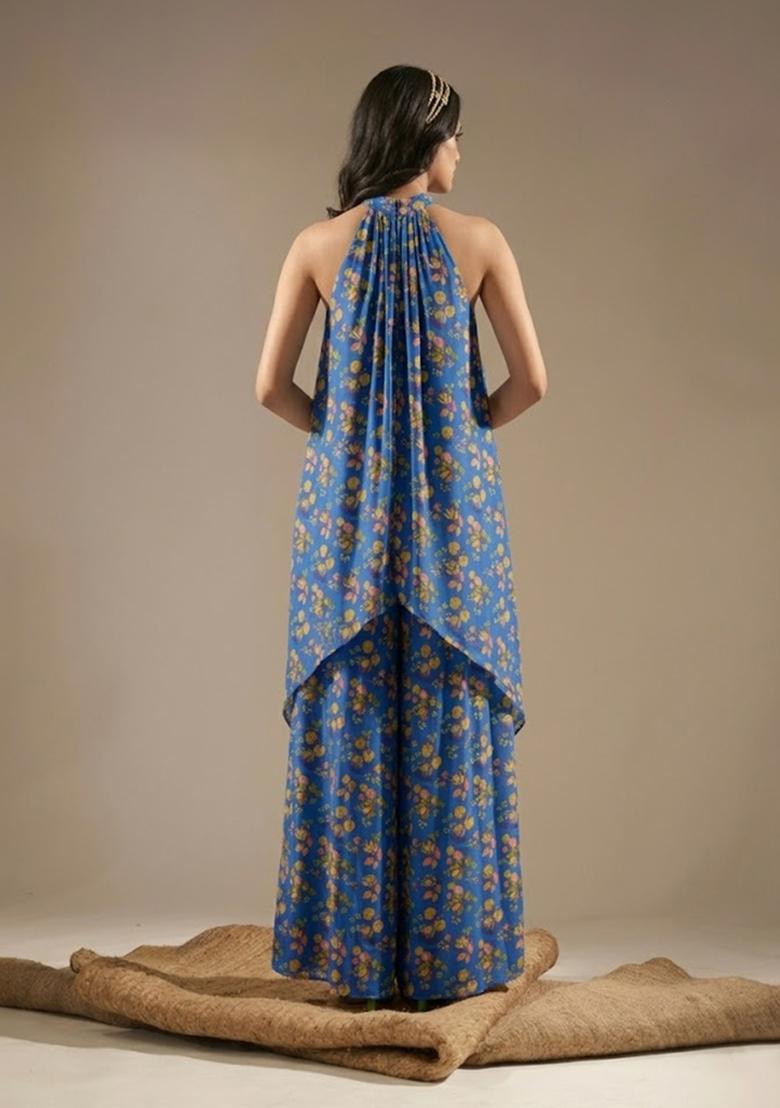 Navy Blue Printed Chinon Fusion Set - Indya