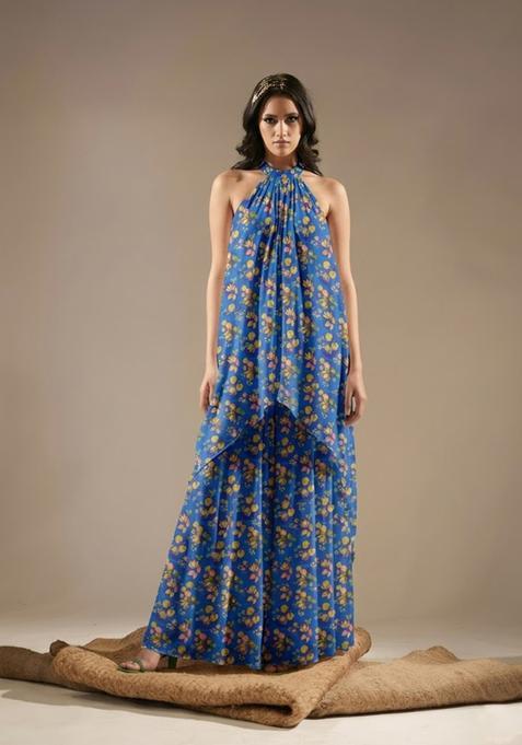 Navy Blue Printed Chinon Fusion Set