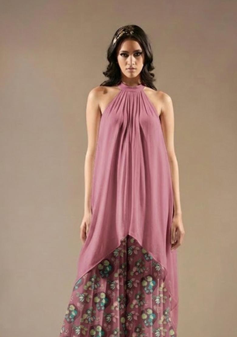 Dusty Mauve Printed Chinon Fusion Set - Indya