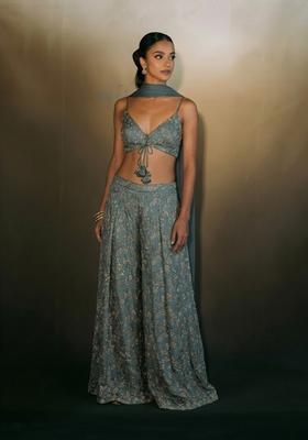 Slate Teal Embroidered Net Fusion Set