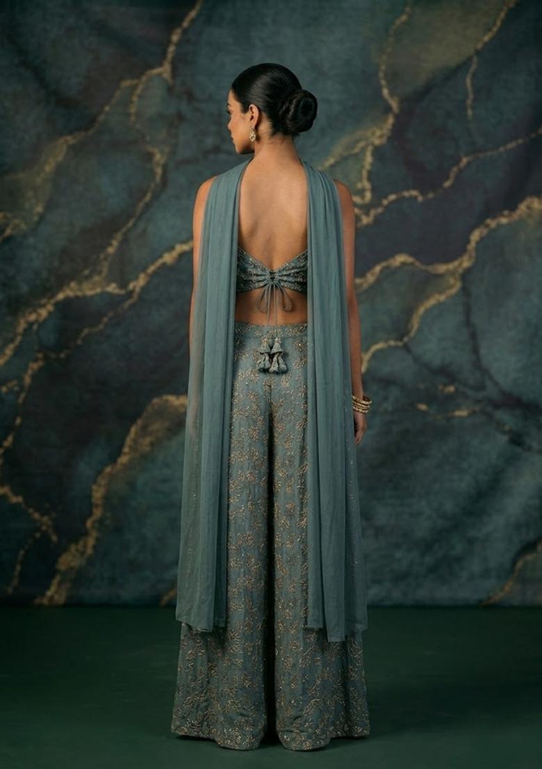 Slate Teal Embroidered Net Fusion Set - Indya