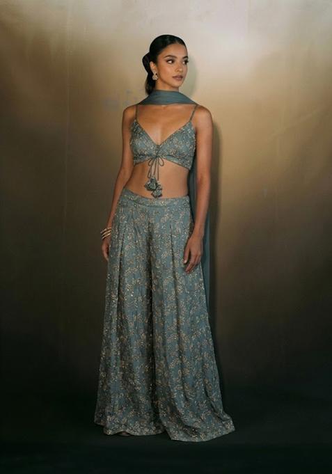 Slate Teal Embroidered Net Fusion Set