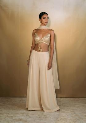 Beige Sequin Net Fusion Set