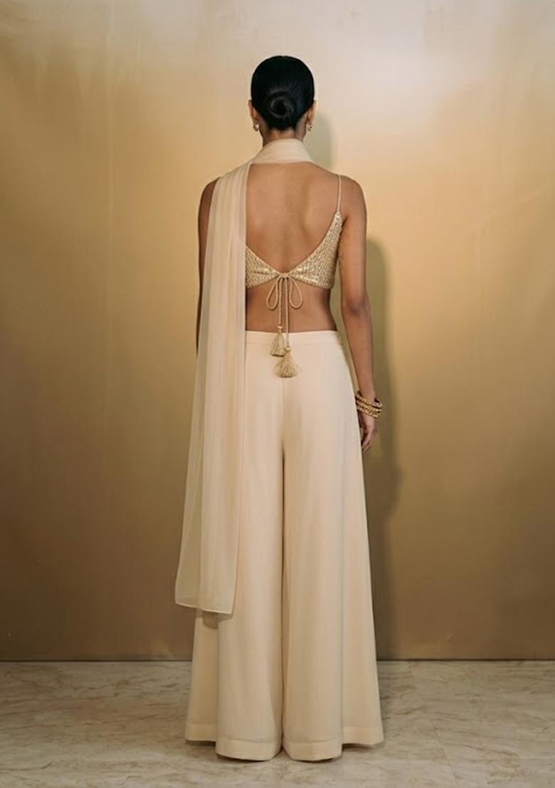 Beige Sequin Net Fusion Set - Indya