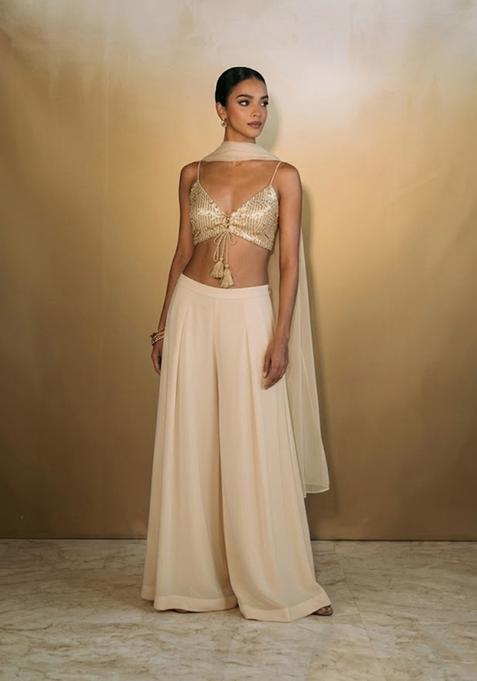 Beige Sequin Net Fusion Set