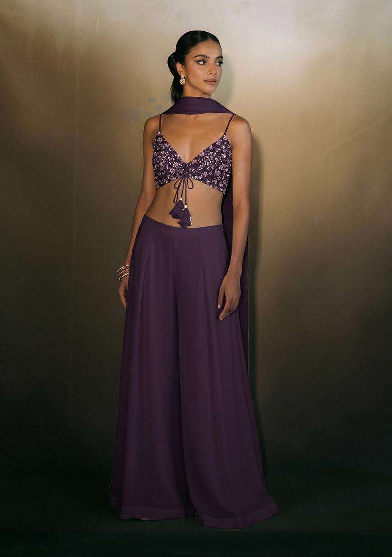 Purple Embroidered Net Fusion Set for Diwali and Festive Wear - Indya